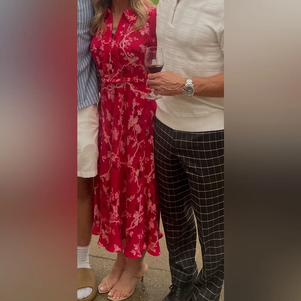 ME+EM 2 Modern Botanical Print Midi Dress Raspberry Red EUC Floral Short Sleeve - Picture 16 of 16